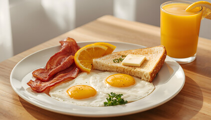 Fototapeta premium Classic breakfast platter with eggs, bacon, toast, and fresh juice