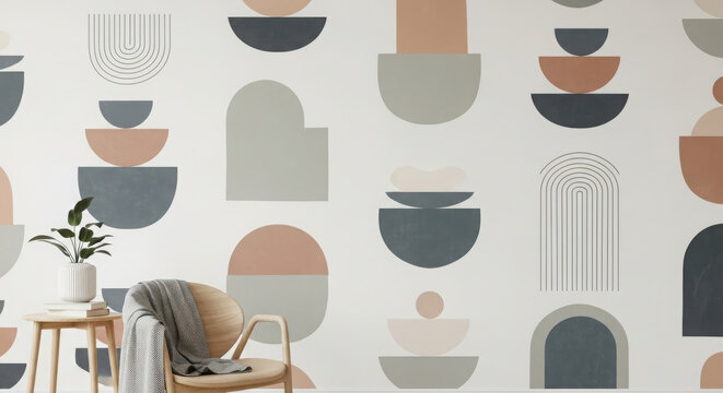 Modern abstract geometric shapes wallpaper with earthy tones and minimalist design for contemporary interior decor