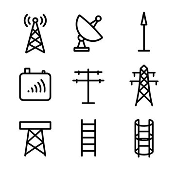Tower Equipment Icons. Outline icon set of tower equipment: antenna, satellite dish, lightning rod, signal booster, transmission