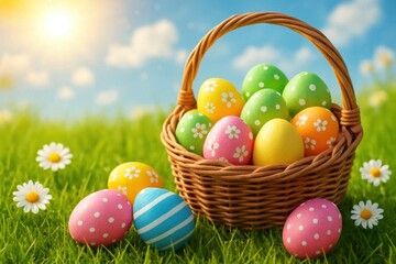 Naklejka premium A basket overflowing with colorful Easter eggs nestled in a sunlit field of green grass, dotted with white daisies and fluffy clouds