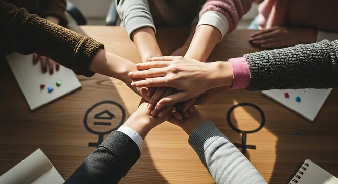 Diverse Group of Individuals Uniting Hands on Table Representing Collaboration, Teamwork, Gender Equality and Support for Social Justice Initiatives in a Modern Workplace Environment