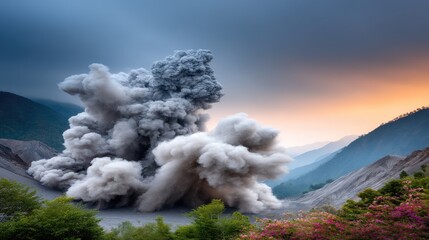 Fototapeta premium Majestic volcanic eruption releasing massive ash clouds above a rugged landscape in Iceland during daylight