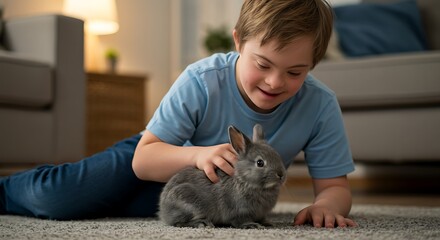 A boy with down syndrome petting a gray bunny rabbit while lying on the floor in a living room