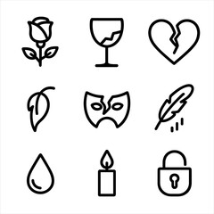 Tragedy Symbol Icon Set. Outline icon set of tragedy symbolism: black rose, broken glass, cracked heart, wilted leaf, shattered