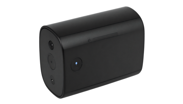 Sleek black security camera with lens and indicator light for surveillance and monitoring, providing safety and peace of mind on transparent background