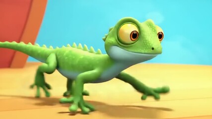 Colorful animated gecko exploring a vibrant room with playful decor and soft lighting - Powered by Adobe