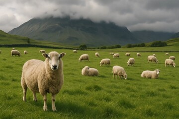 Fototapeta premium A lone sheep stands out in a vast field under a cloudy sky, with majestic mountains looming in the distance
