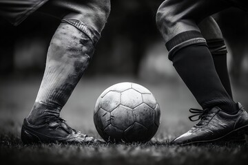 Monochrome shot of a soccer ball between two players' legs on grass field, concept for sports photography, competitive spirit and vintage football themes.