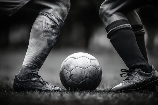 Monochrome shot of a soccer ball between two players' legs on grass field, concept for sports photography, competitive spirit and vintage football themes.