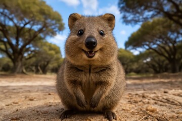Obraz premium A joyful wombat gazes directly into the camera amidst a tranquil forest backdrop
