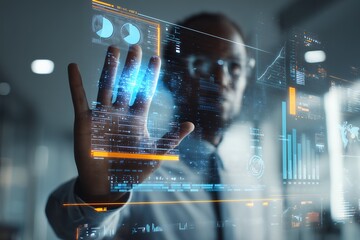 African American IT manager interacting with a futuristic holographic interface and data visualizations, concept for advanced data analysis, next-generation technology solutions and innovative
