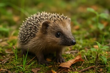 A young hedgehog surveys its natural habitat, alert and curious