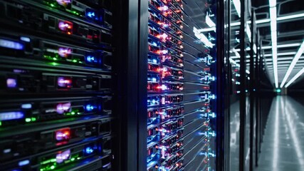 Flowing through the halls of a Data Center with Online Servers behind Glass doors, Going to a Server Room - Internet Service Provider with Lights - Endless Servers - Network and Information - IT - Powered by Adobe