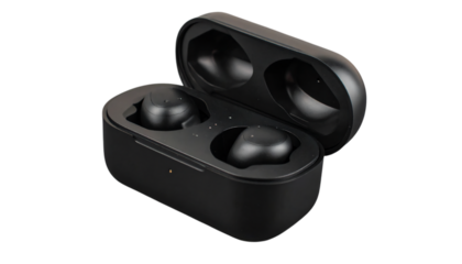 Black wireless earbuds in charging case, portable audio technology for listening to music and podcasts, modern lifestyle accessory on transparent background