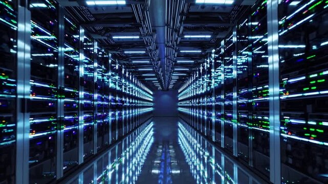 Flowing through the halls of a Data Center with Online Servers behind Glass doors, Going to a Server Room - Internet Service Provider with Lights - Endless Servers - Network and Information - IT