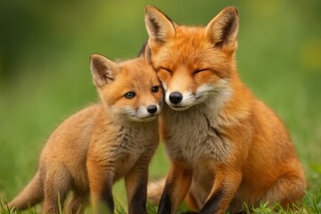 Fototapeta premium A Pair of Foxes Embrace in Nature's Serenity