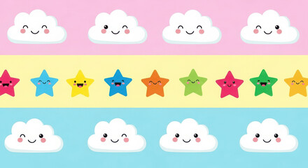 Whimsical cartoon clouds and colorful stars with happy faces on a pastel background perfect for children s designs and decorations