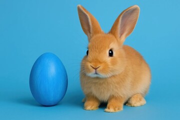 Obraz premium A Playful Bunny with a Blue Egg on a Blue Canvas