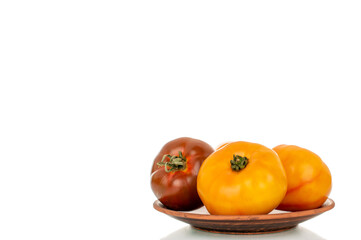 Juicy fresh tomatoes isolated on white background, close-up.
