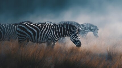Herd of zebras grazing on a savanna grassland