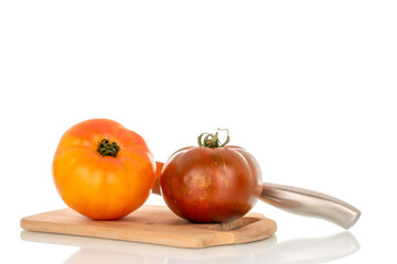 Juicy fresh tomatoes isolated on white background, close-up.