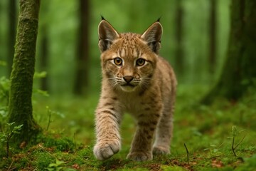 Obraz premium A young lynx cub is walking through a dense forest, its curious eyes scanning the surroundings as it explores the natural habitat of this elusive feline species