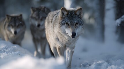 Obraz premium Wolf pack navigating through a snowy forest