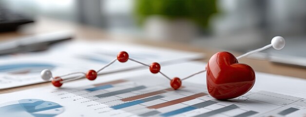 Heart symbol placed next to financial growth chart on a desk emphasizing the connection between wellbeing and financial health