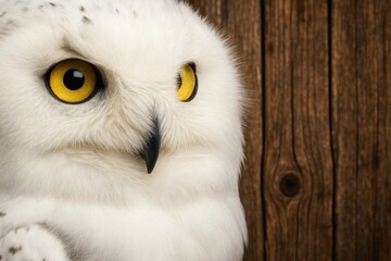 Fototapeta premium Close-up of a majestic white owl with striking yellow eyes perched on a rustic wooden background