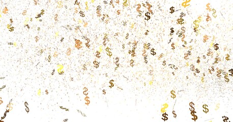 High-resolution image of golden dollar signs falling on a white background. Perfect for finance, business, and wealth concepts.