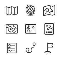 Travel Map Icons. Outline icon set of travel maps: folded map, globe, road map, terrain map, hiking trail, itinerary, map legend,