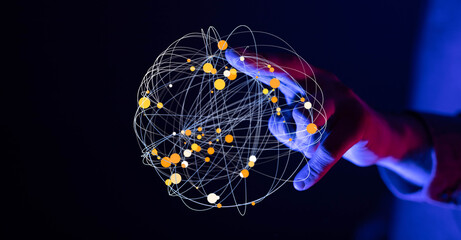 Abstract image of hand interacting with a digital global network. Ideal for technology, connection, and data concepts.