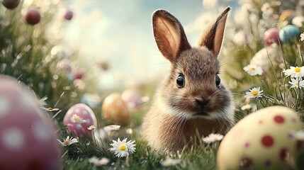 8K Ultra HD Cute Rabbit in Flower Meadow with Scattered Decorated Easter Eggs, Sunny Spring Background