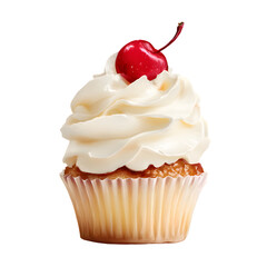 A delicious vanilla cupcake topped with fluffy white frosting and a bright red maraschino cherry presented against a stark black background