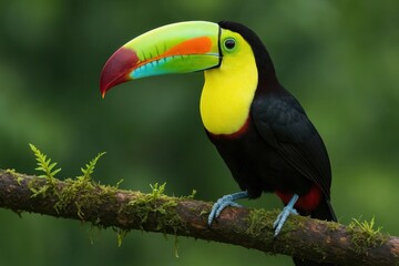Fototapeta premium A vibrant green toucan perches on a moss-covered branch, its striking colors contrasting with the lush greenery of the forest