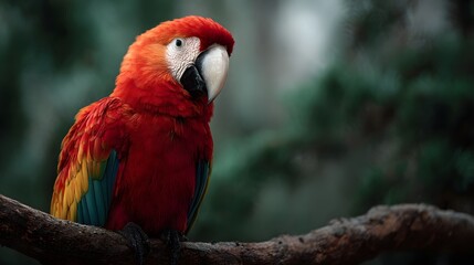 Obraz premium Vibrant red aw parrot perched on a tropical branch in the rainforest