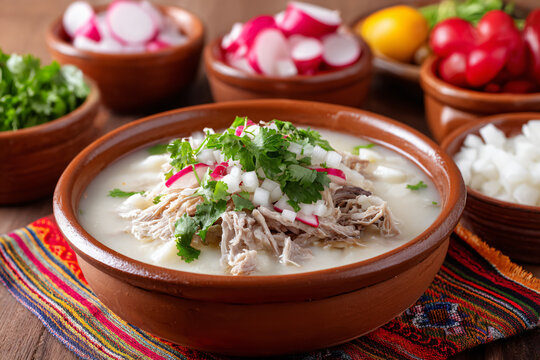 homemade pozole blanco with tender meat, onion dice, cilantro leaves