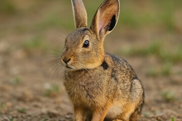 Fototapeta premium A rabbit gazes intently into the distance, its ears perked up in alertness