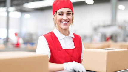 A cheerful female worker in a red uniform smiling in a modern warehouse with boxes and shelving in the background.