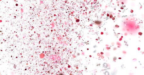 Abstract background with pink percentage signs and confetti. Ideal for sale promotions and discounts.