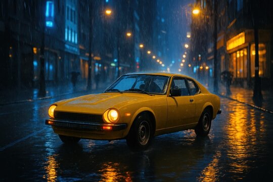 A solitary yellow car stands out against the nighttime cityscape, its headlights piercing through the rain-soaked streets