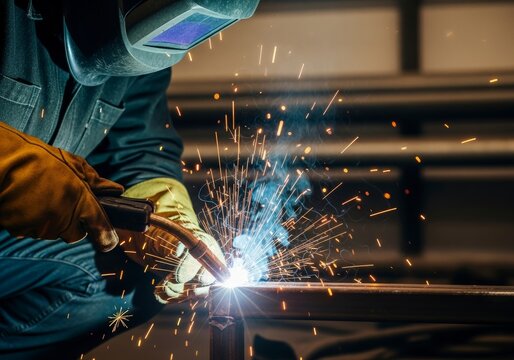 Welder in protective gear welds metal sparks fly