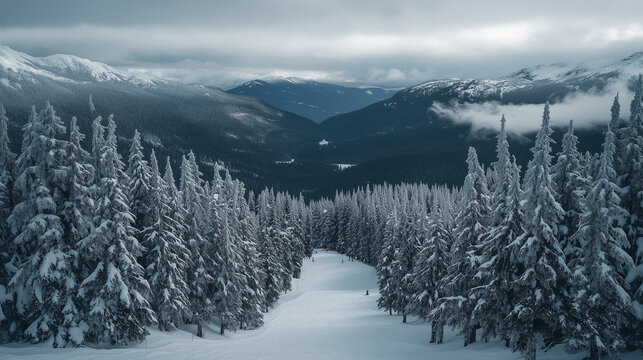 Aerial view of winter landscape with snow covered forest in the mountains with beautiful view. General view of the ski area
