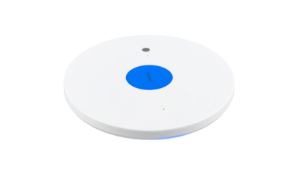White Smart Home Device with Blue Button for Voice Control, Automation, and Connectivity in a Modern Home on transparent background