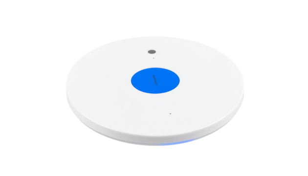 White Smart Home Device with Blue Button for Voice Control, Automation, and Connectivity in a Modern Home on transparent background
