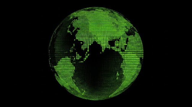 A glowing green pixelated globe on a black background, revealing continents and oceans. This digital earth sphere is abstract