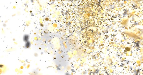 Stunning image of golden confetti bursting, perfect for sale banners, promotions, and celebratory designs.