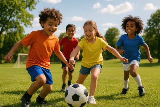 Children Engage in a Spirited Game of Soccer on a Sunny Day
