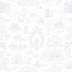 Obraz premium Delicate toile pattern featuring pastoral scenes with buildings, figures, trees, and landscapes in a light blue-grey on a white background.