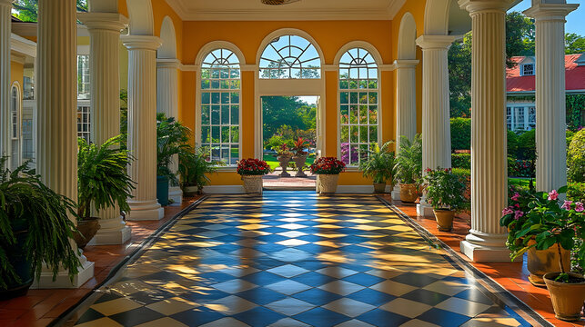 Long empty corridor high ceiling multiple rows columns hall exhibition centre